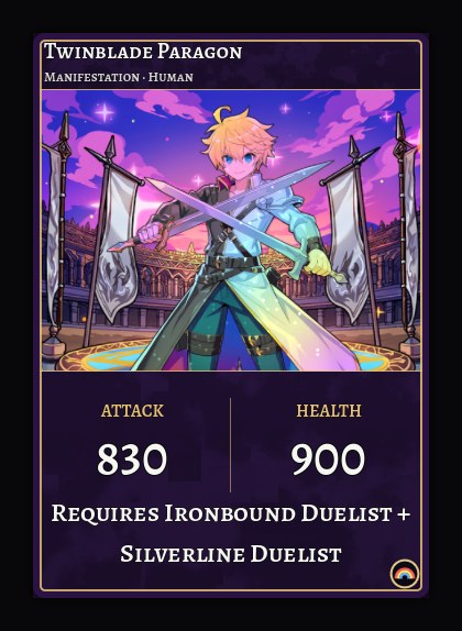 Twinblade Paragon, a Manifestation in Rainbow foil, Attack 830, Health 900